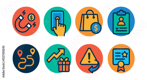 Flat vector icons of customer journey stages in circular style: lead magnet, customer touchpoint, first purchase, onboarding icon, retention path, upsell icon, churn alert, loyalty program.