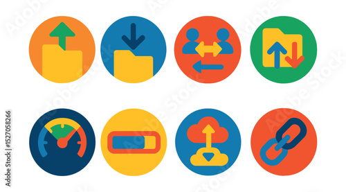 Flat vector icons of data transfer tools in circular style: file upload, file download, peer-to-peer icon, file sync, transfer speed, progress bar, cloud-to-cloud, direct link.