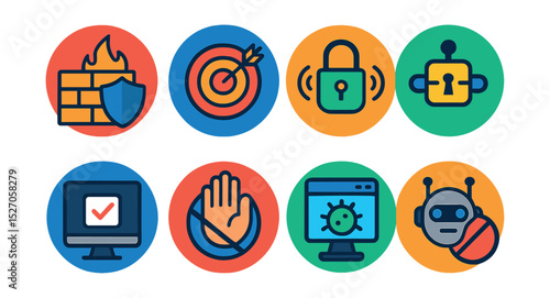 Flat vector icons of online security layers in circular style: firewall shield, DDoS protection, traffic encryption, data lock, user verification, access restriction, malware scanner, bot blocker.