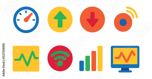 Flat vector icons of internet speed indicators: speed test, upload speed, download speed, ping icon, jitter graph, connection status, signal bars, latency monitor.