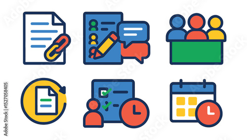 Flat vector icons of online collaboration tools: shared document, real-time editing, comment thread, team workspace, version history, task assignment, meeting schedule, cloud sync.