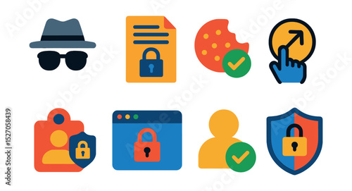 Flat vector icons of online privacy settings: incognito icon, privacy policy, cookie preferences, data access, identity protection, browser lock, user permissions, privacy shield.