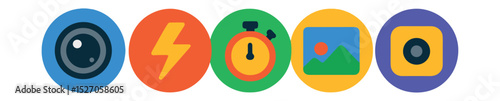 Flat vector icons of photo capture tools in circular style: camera lens, flash toggle, timer icon, photo gallery, selfie camera.