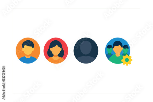 Flat vector icons of user avatars: male avatar, female avatar, anonymous user, team group, profile settings.