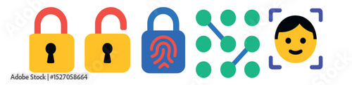 Flat vector icons of lock and unlock tools: lock closed, lock open, fingerprint lock, pattern unlock, face recognition.