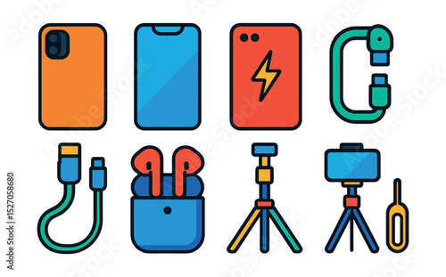 Flat vector icons of mobile phone accessories: phone case, screen protector, power bank, charging cable, wireless earbuds, selfie stick, tripod stand, SIM card ejector.
