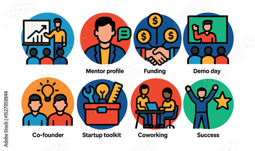 Flat vector icons of startup incubator visuals in circular style: pitch room, mentor profile, funding round, demo day icon, co-founder icon, startup toolkit, coworking hub, success story.