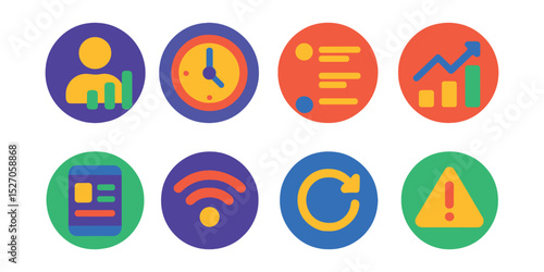 Flat vector icons of mobile dashboard elements in circular style: user analytics, session time, activity log, graph icon, dashboard widget, live data icon, refresh button, real-time alert.