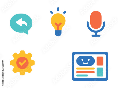 Flat vector icons of smart assistant features: smart reply, AI suggestions, voice interaction, automation routine, assistant dashboard.