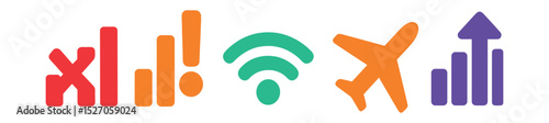 Flat vector icons of connection alerts: no signal, limited connectivity, connected status, airplane mode, signal boost.
