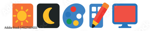 Flat vector icons of color and theme controls: light theme, dark theme, accent color, theme editor, wallpaper change.