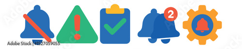 Flat vector icons of notification center tools: mute app, set priority, clear all, grouped alerts, alert settings.