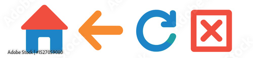 Flat vector icons of basic navigation controls: home icon, back arrow, forward arrow, refresh icon, exit icon.