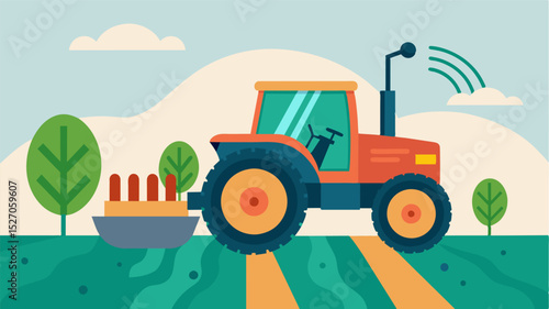 A tractor connected to a computer moved with pinpoint accuracy thanks to autosteering technology. This precise movement reduces soil compaction promoting healthier soil and better. Vector illustration