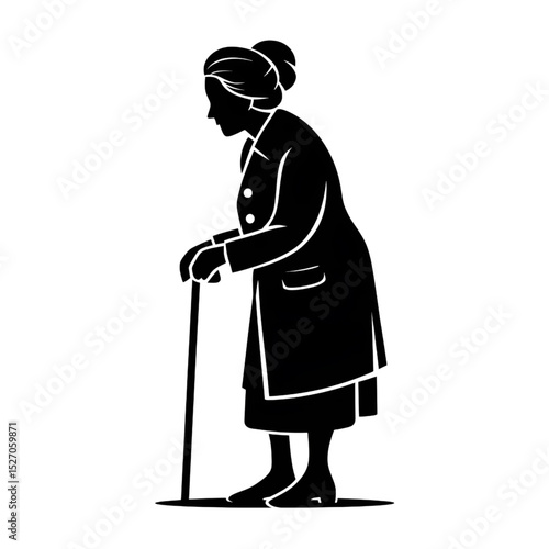 Elderly Woman Silhouette Icon with Cane – Senior Lady Vector Graphic