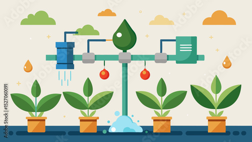 A system of drip irrigation and fertigation that delivers precise amounts of water and nutrients to each individual plant based on realtime data.. Vector illustration