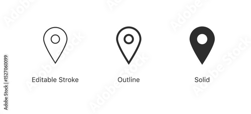 location pin icon in editable stroke, outline, and filled styles. for navigation, maps and geolocation designs in apps, websites and user interfaces
