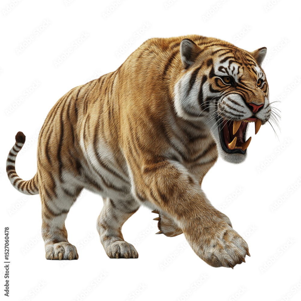 Fototapeta premium Side view of a gray saber-toothed tiger isolated on a white background, realistic prehistoric predator with detailed fur and fangs, ideal for paleontology, wildlife, and educational content