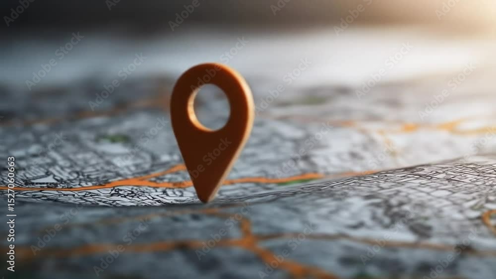 Close-up of an orange location marker on a detailed map, highlighting a specific point. The map shows city streets and features Close-up of an orange location marker on a detailed map, highlighting a specific point. The map shows city streets and features