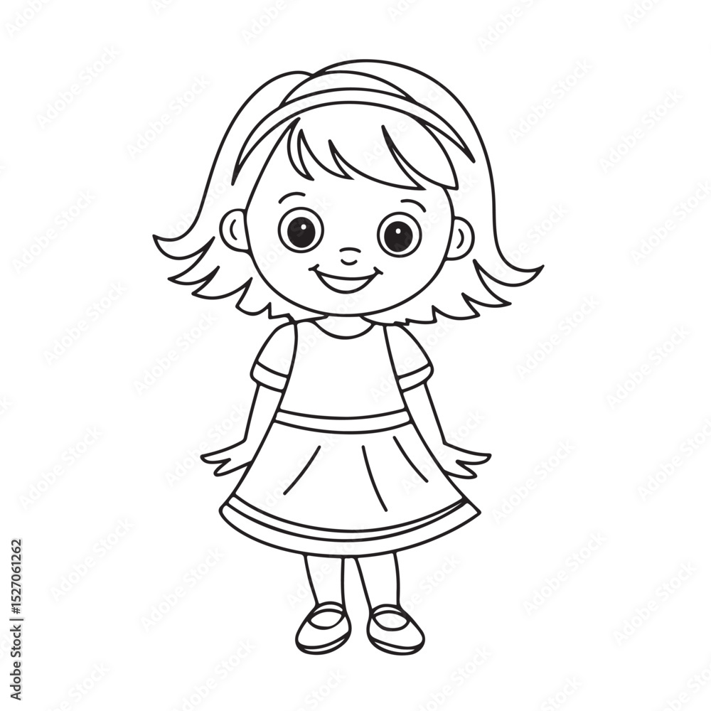 Cute Little Girl in Dress Line Drawing – Black and White Cartoon Illustration for Coloring Pages Cute Little Girl in Dress Line Drawing – Black and White Cartoon Illustration for Coloring Pages