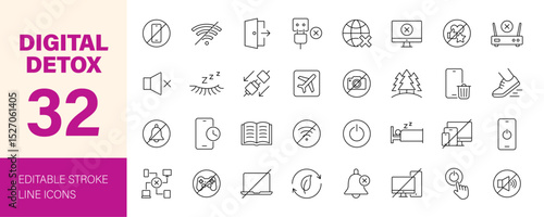 Digital Detox icon set. Containing unplug, no phone, offline, airplane mode, no wifi, turn off notifications, forest, reading and more. Editable line icons. Vector illustration.