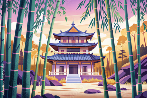 Quiet monastery hidden in a dense bamboo forest perfect for zen themes, spiritual retreats, and peaceful Asian landscapes