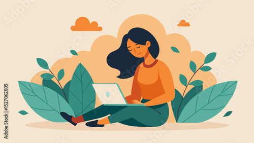 Taking a break from her laptop the freelancer leans back against a tea bush closing her eyes to take in the soothing aroma of the fresh tea leaves around her.. Vector illustration