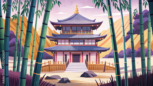 Quiet monastery hidden in a dense bamboo forest perfect for zen themes, spiritual retreats, and peaceful Asian landscapes