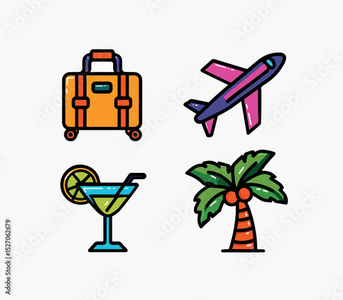 Vector summer travel icons set – suitcase, airplane, palm tree, cocktail.