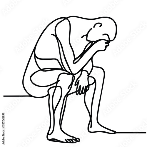 Embarrassment in line: male theatrical pose expressed through single continuous contour — minimalism conveying emotion.