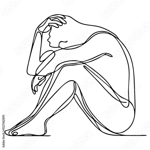 Embarrassment: man in theatrical artistic pose drawn with single continuous line — minimalist emotion illustration.