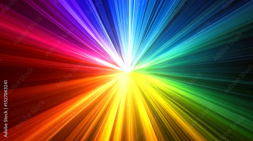 Obraz premium A radiant burst of light beams emanating from the center of the frame, each beam painted in the vividly colors --red, orange, yellow, green, blue, indigo, and violet--piercing through a deep, velvet