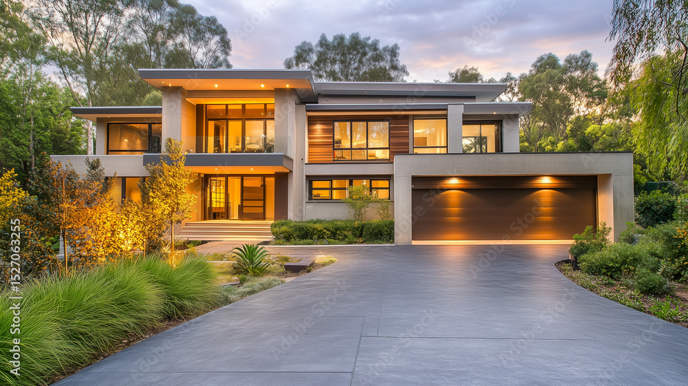 Modern architectural home exterior with landscaped garden at twilight Modern architectural home exterior with landscaped garden at twilight