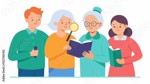 In a retirement community volunteers visit with residents and offer to read aloud to those who struggle with vision loss. The group is joined by a volunteer with a magnifying glass. Vector