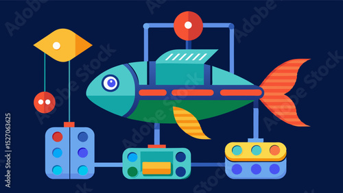 A robotic fish sorter that uses machine learning algorithms to categorize and separate fish based on size color and quality optimizing the market value of each type.. Vector illustration