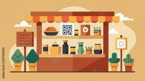 The gift shop sells handmade souvenirs made by local artisans and each item is accompanied by a QR code that explains the traditional techniques used to create it.. Vector illustration