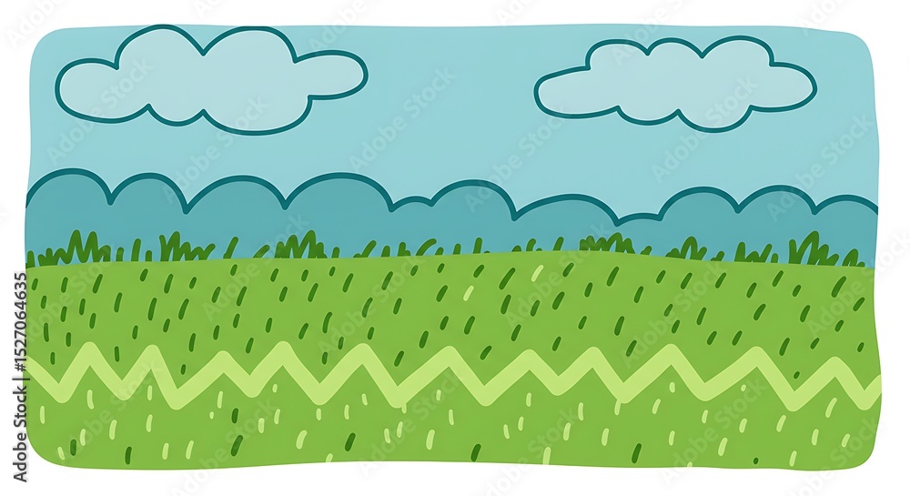 Obraz premium Cartoon landscape background with grass and clouds vector illustration nature scenery drawing design