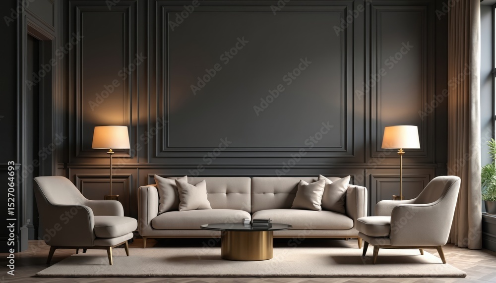 Obraz premium Modern living room interior design. Stylish home with sofa set against dark wall. Armchairs, coffee table, floor lamp, white carpet complete the luxury decor.
