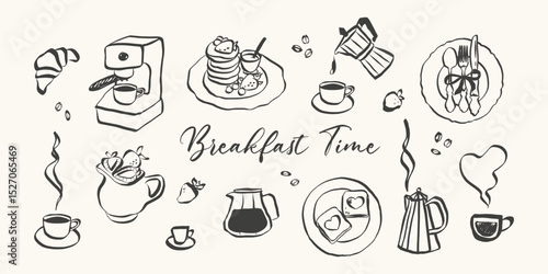 Whimsical breakfast doodles. Vintage hand drawn icons with la dolce vita aesthetic in simple crayon and sketch style. Trendy art for menus and dinner brunch invitations. Lineart vector illustration