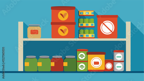 A shelf filled with only a few canned goods with a sign indicating the limited quantity customers can purchase.. Vector illustration