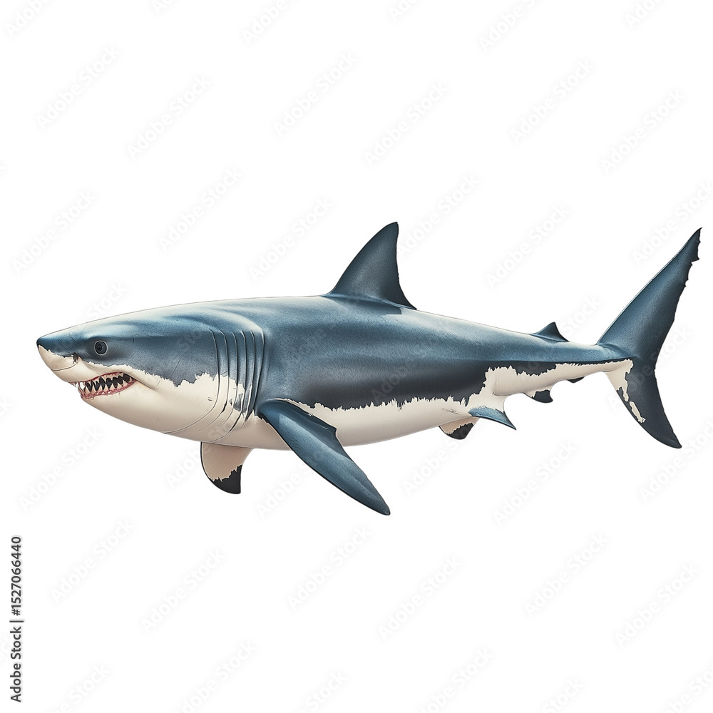 Fototapeta premium Side view of a megalodon shark with massive body and realistic texture, isolated on a white solid background, ideal for prehistoric marine life visuals, educational content