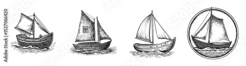 Vintage Illustrations of Sailing Boats and Maritime Vessels, logo design, engraving design, vector illustration