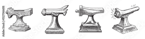 Vintage Illustrations of Cannons and Stands in Black and White, logo design, engraving design, vector illustration