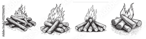 Illustration of Campfire Stages with Burning Logs and Flames, logo design, engraving design, vector illustration