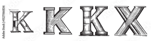 Vintage Letter Design Featuring Letter K in Various Artistic Styles, logo design, engraving design, vector illustration