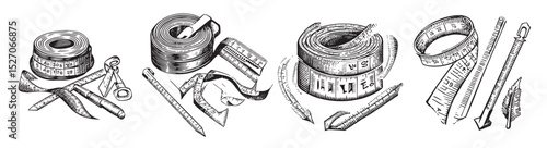 Vintage Measuring Tools and Accessories for Crafting and Design, logo design, engraving design, vector illustration