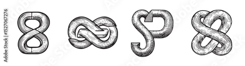 Intricate Hand-Drawn Illustrations of Knots and Loops in Black and White, vintage retro hipster logo design, vector illustration, engraving design