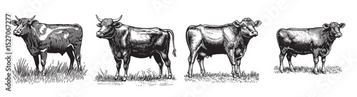 Vintage Illustration of Four Different Cows in Various Poses, vintage retro hipster logo design, vector illustration, engraving design
