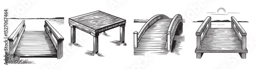 Illustrated Collection of Wooden Bridges and Decks by Water, vintage retro hipster logo design, vector illustration, engraving design