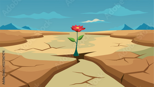 A dry and cracked riverbed with a single flower blooming in its shallow waters epitomizing the struggle for existence in a world impacted by global warming.. Vector illustration